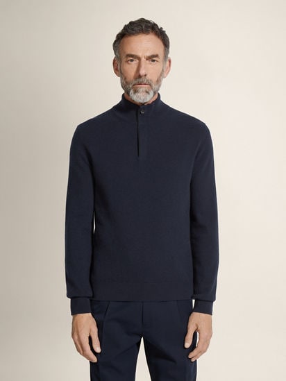 Navy Blue Mélange Oasi Cashmere Zip Mock Neck Sweater FW25