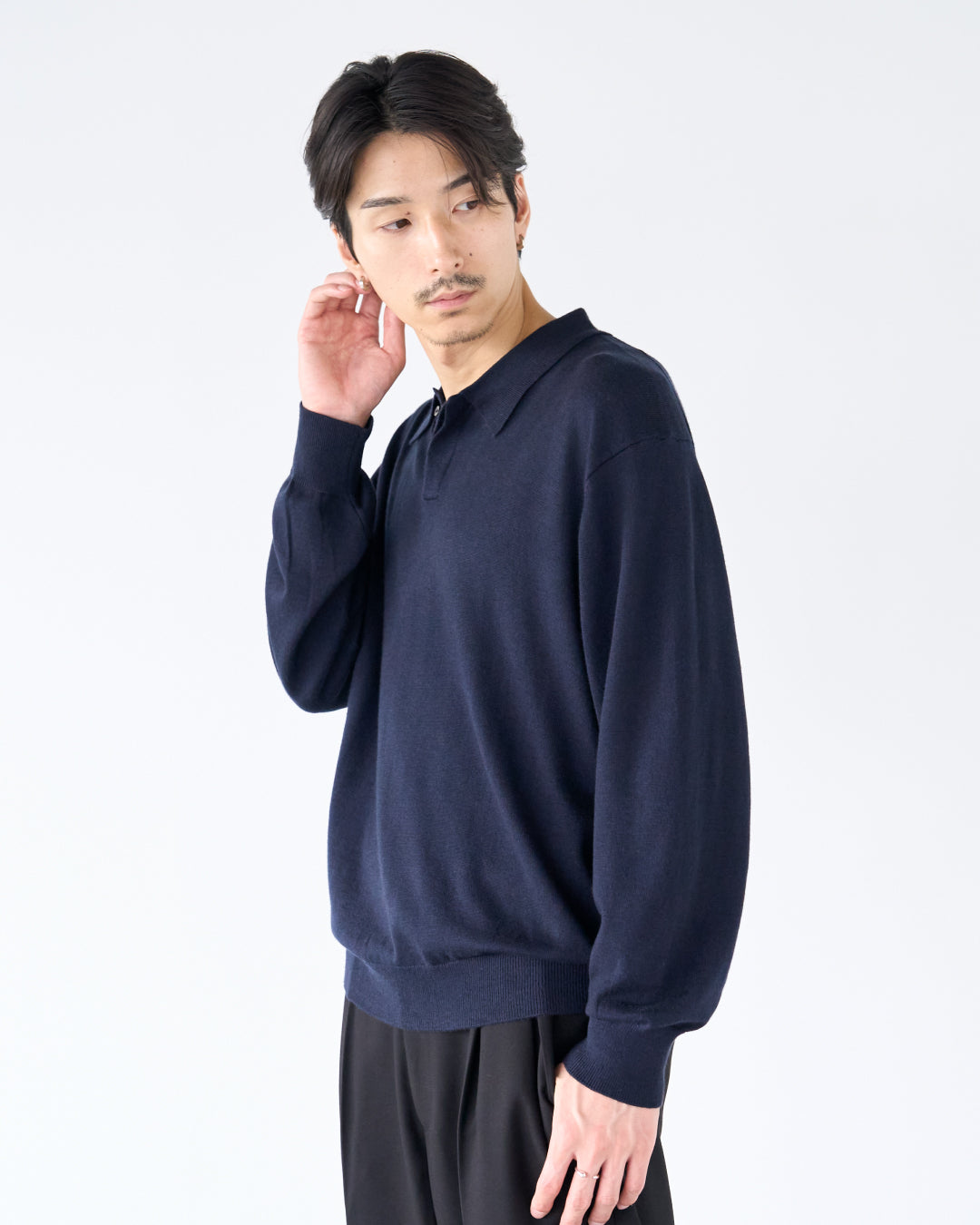 Wool Mixed L/S Knit Polo -navy-
