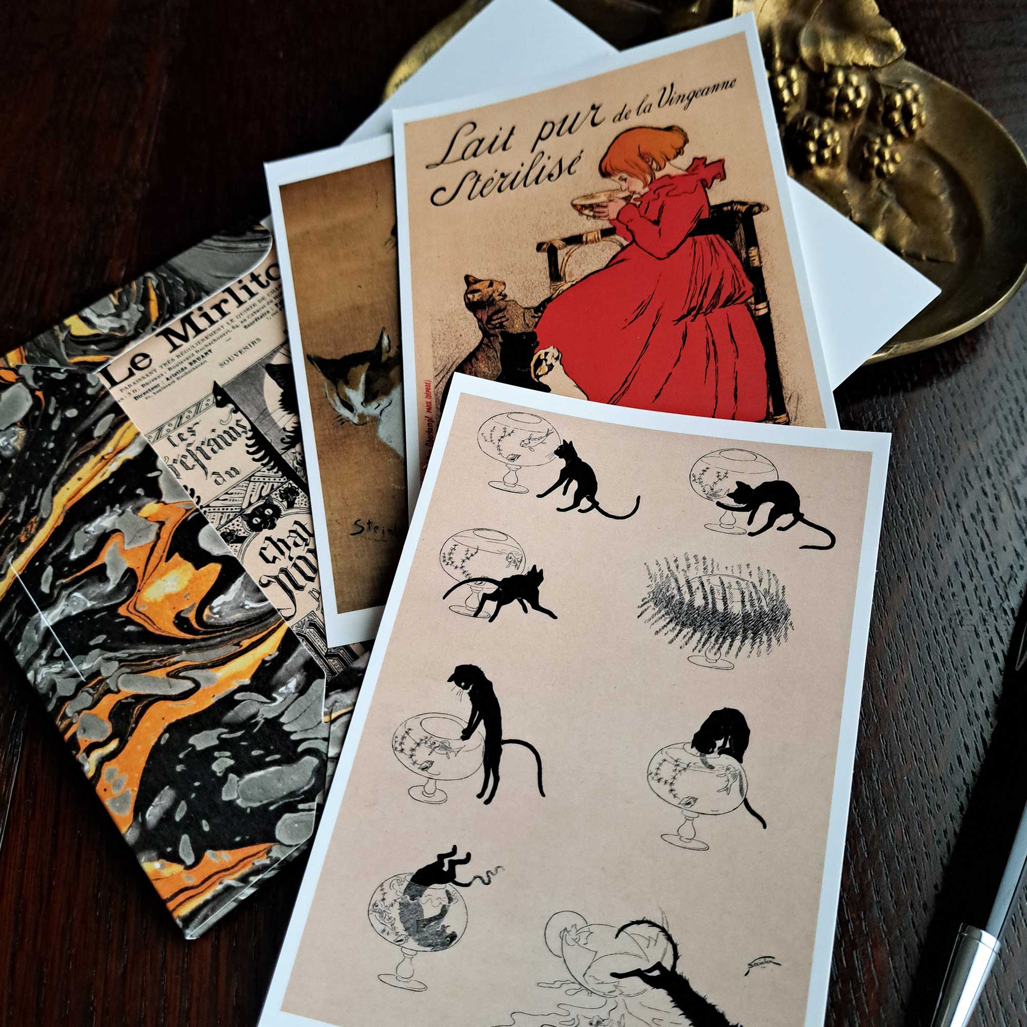 スタンランの黒猫ポストカード 12枚セット［特製マーブル柄ケース入り］