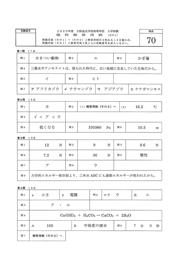 入試過去問（解答）（1ページ目）｜大阪星光学院高等学校の入試過去問