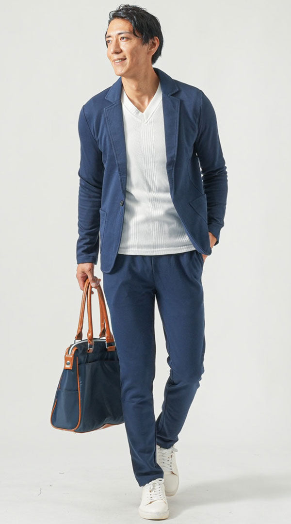 ネイビーセットアップ ネイビーテーラードジャケット 白長袖VネックT