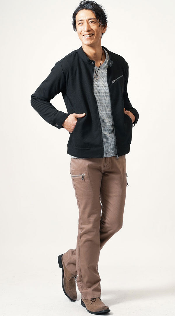 黒ジャケット ホワイト×ブラックTシャツ ベージュパンツ snp_nb0284の