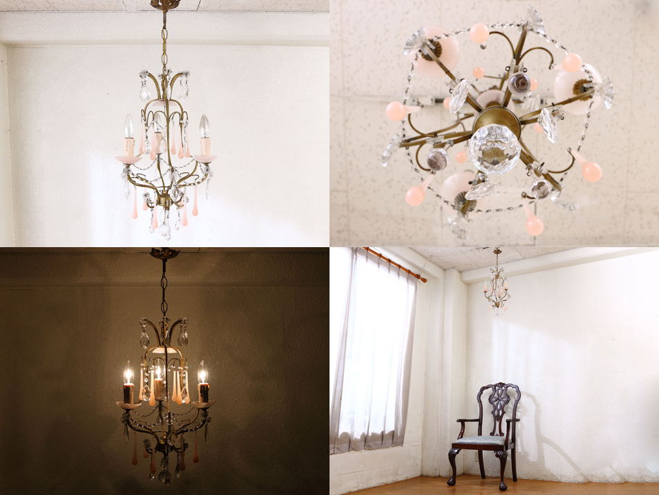 ピンクオパリンドロップ&アンティークブラス シャンデリア(3灯