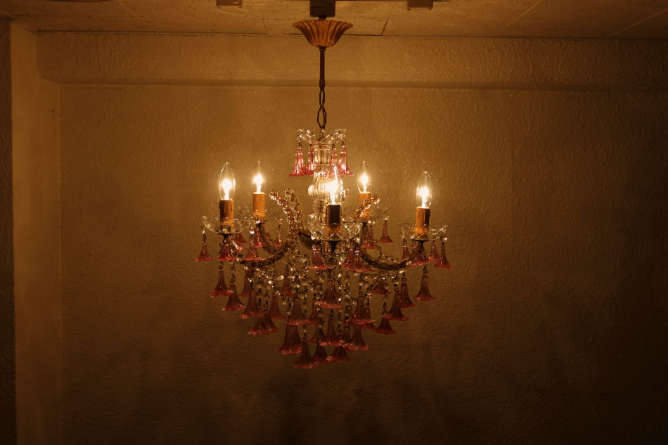 イタリアンムラーノガラス ピンククリスタルシャンデリア(5灯