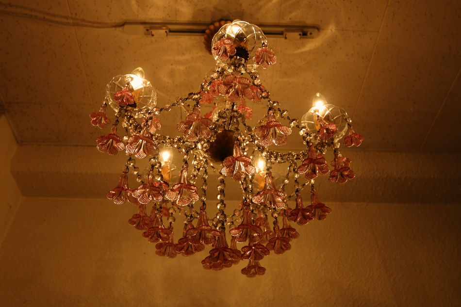 イタリアンムラーノガラス ピンククリスタルシャンデリア(5灯