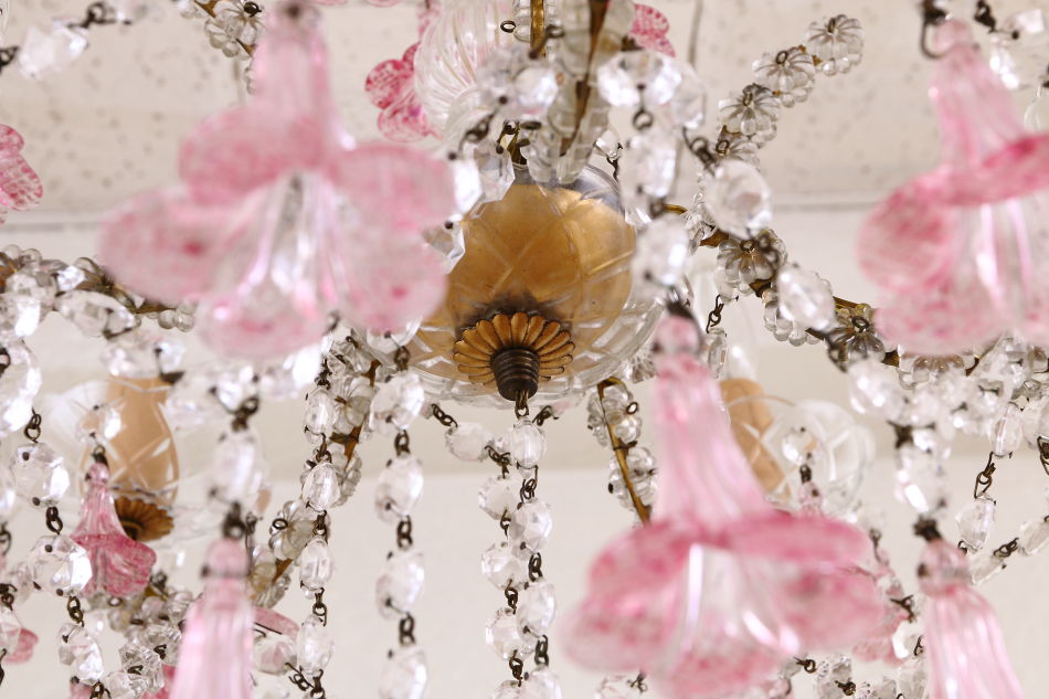 イタリアンムラーノガラス ピンククリスタルシャンデリア(5灯