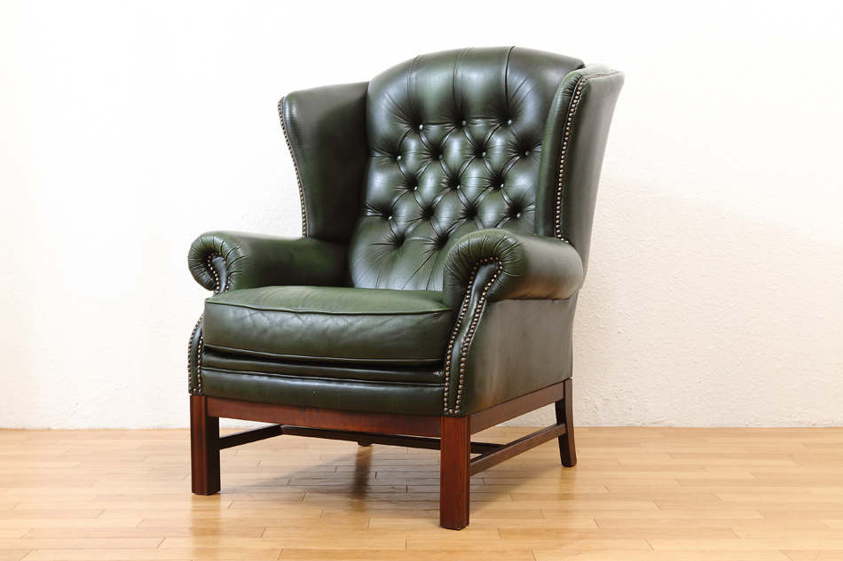 チェスターフィールド アンティークグリーンレザー ウィングバック