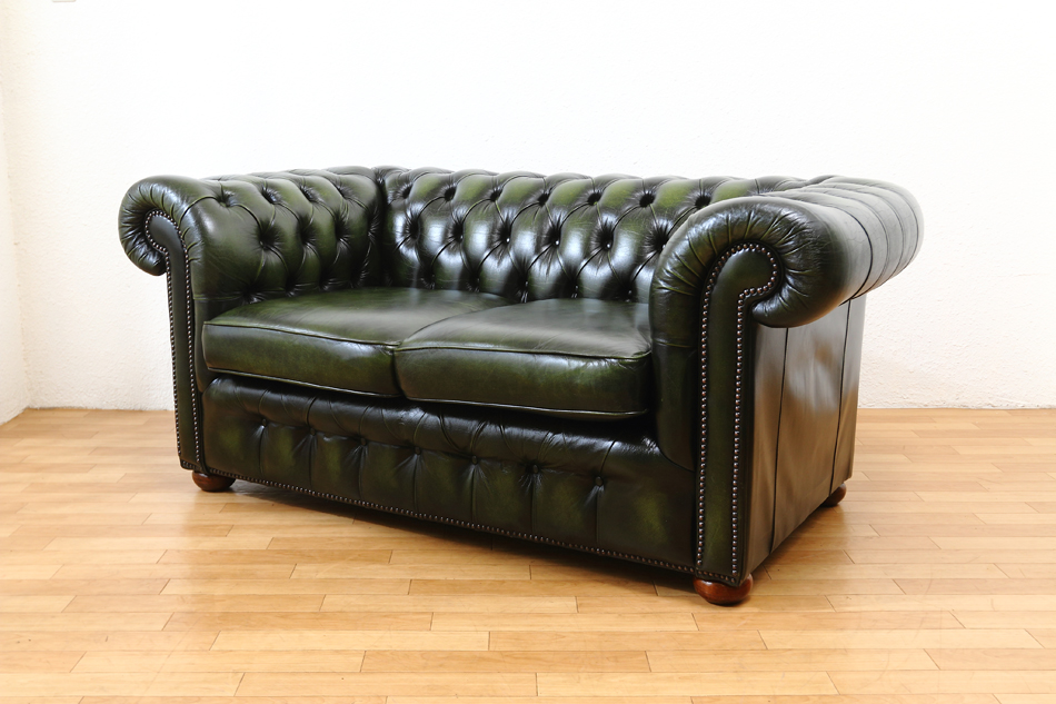 チェスターフィールド グリーンレザー 2Persons クラブソファ