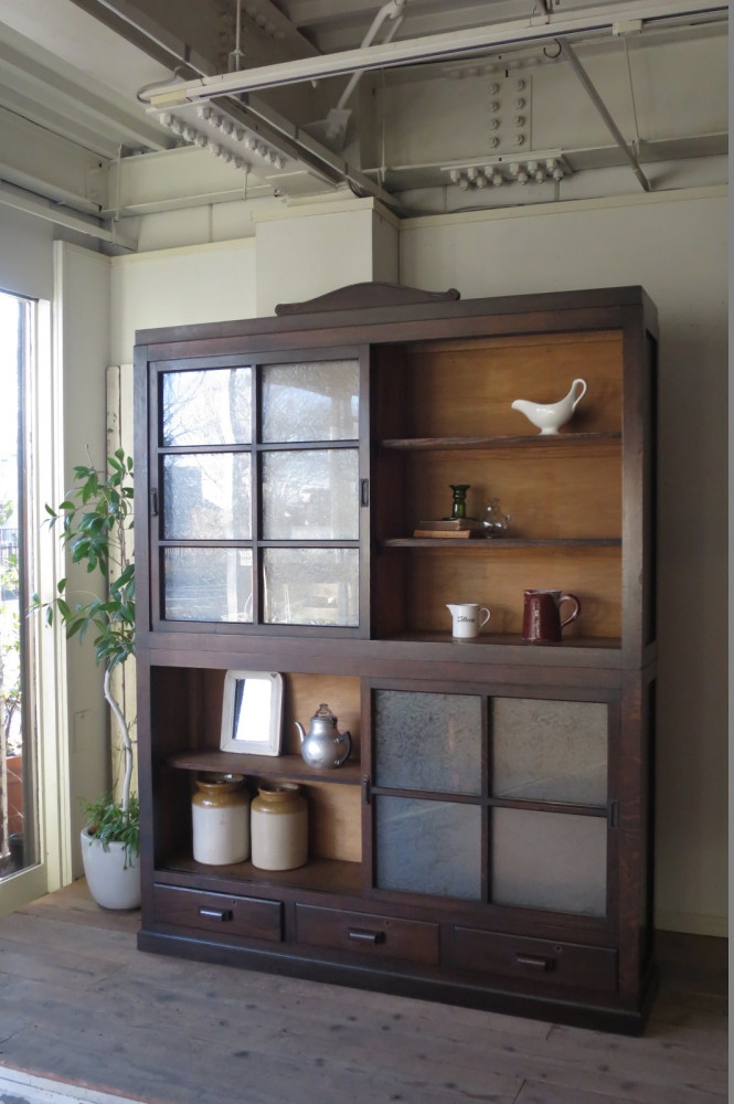 アンティーク 古いガラス引き戸棚 大型 2段式 結霜ガラス 楢材