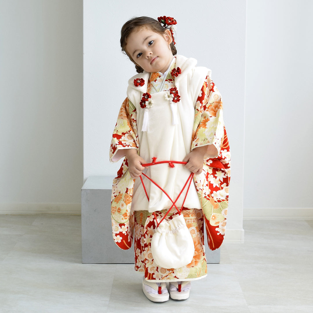 レンタル】七五三着物 3歳女の子 被布セット 華徒然 菊牡丹薬玉・白
