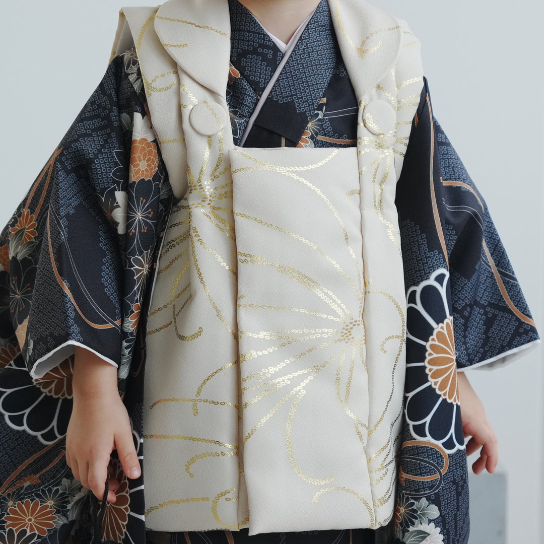 レンタル】七五三着物 3歳男の子 ベレー帽つき被布セット ベージュ金彩