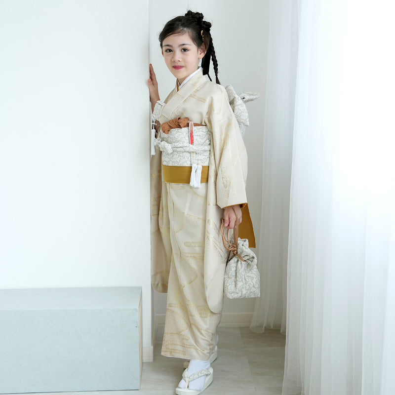 七五三着物 7歳 女の子 着物セット】販売品 四つ身 ベージュ金彩・流水