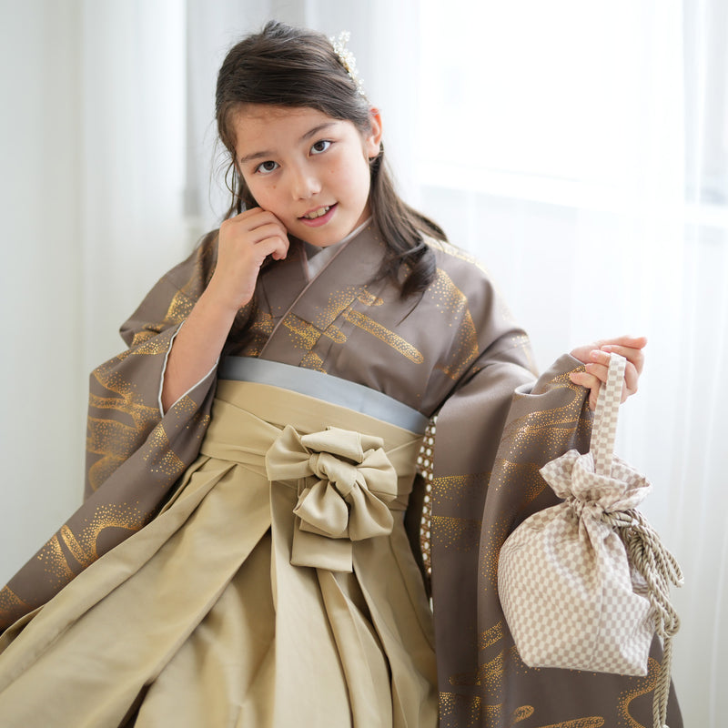 ハーフ成人式 袴 3点セット ひよこ商店 ブラウン金彩 10歳 1/2成人式