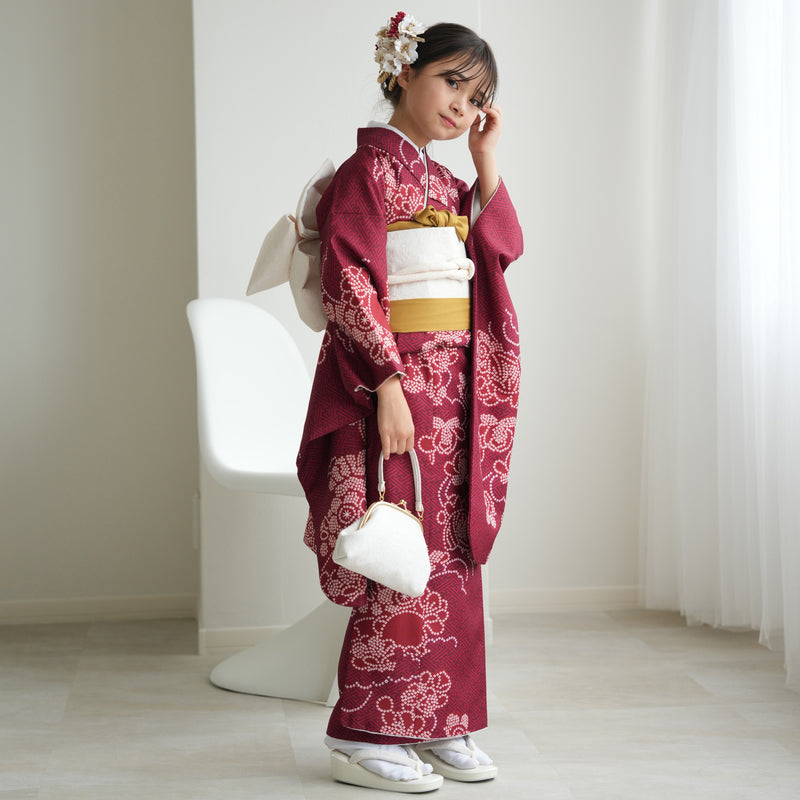 10歳 振袖セット】販売品 えんじの絞り柄 ハーフ成人式 ジュニア着物