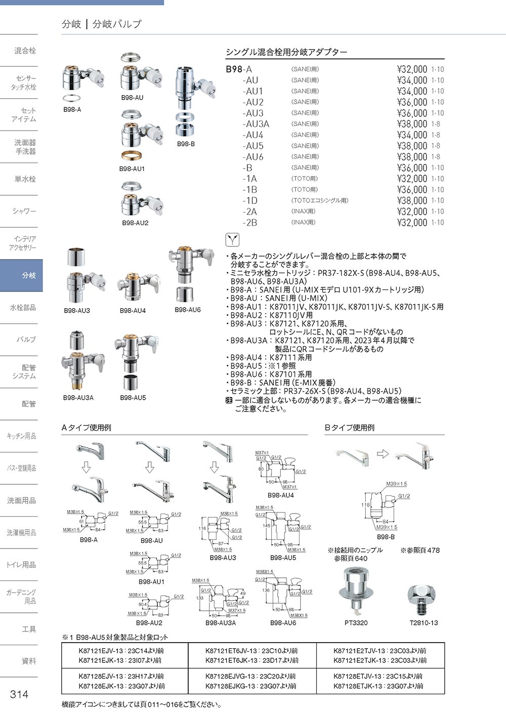 SANEI 【B98-AU1】 《KJK》 三栄水栓 シングル混合栓用分岐アダプター