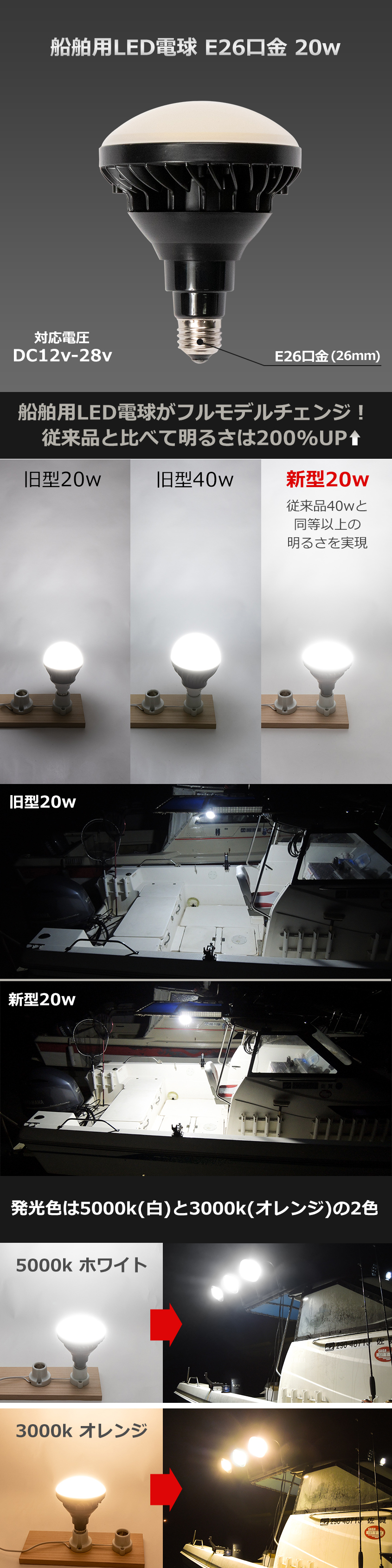 LED電球 12v 24v 船舶 E26 口金 防水 ライト 発光色 ホワイト / 電球色