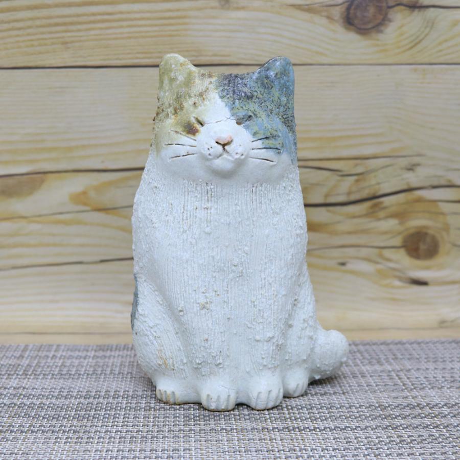 置物 信楽焼 三毛猫置物（大） 猫 素朴 インテリア 縁起物 土物｜和