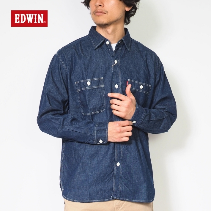 EDWIN（エドウィン） ワークシャツ デニムシャツ 長袖 無地 ストライプ