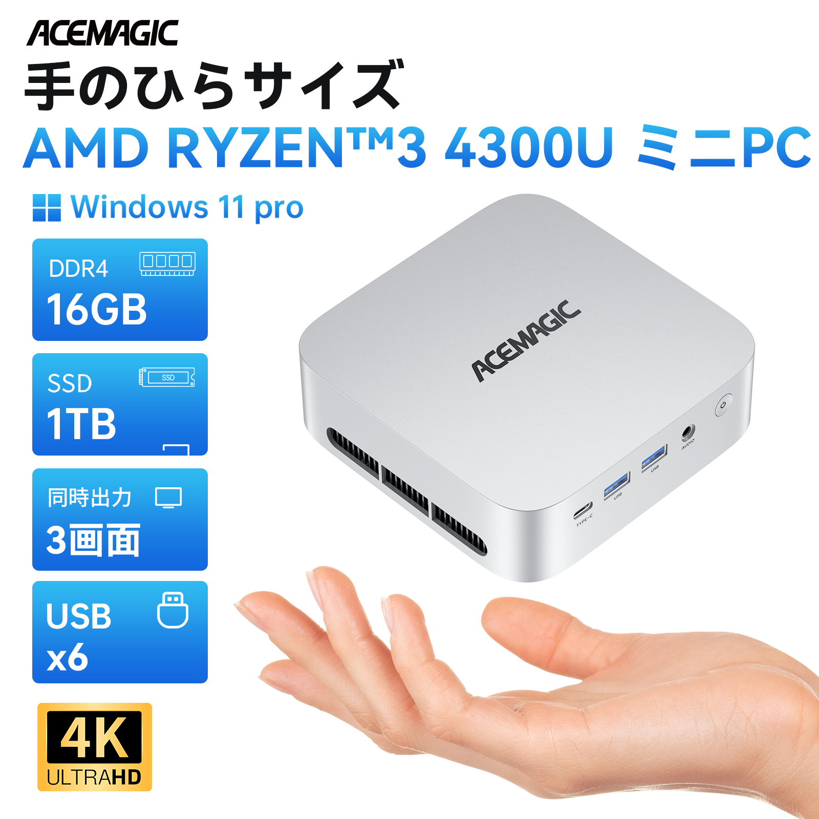 AMD Ryzen 4300U ミニpc 3.7GHz メモリ 16GB DDR4 1TB SSD 4TBまで増設