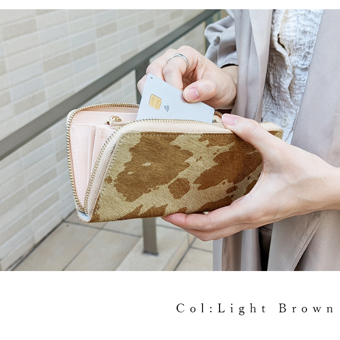 長財布 本革 財布 ハラコ風 革財布 牛柄 うし柄 ハンドメイド ラウンド