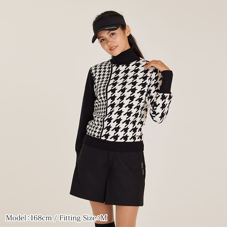 7838 千鳥格子柄タートルネックニット M/L/LL/3L レディースゴルフ