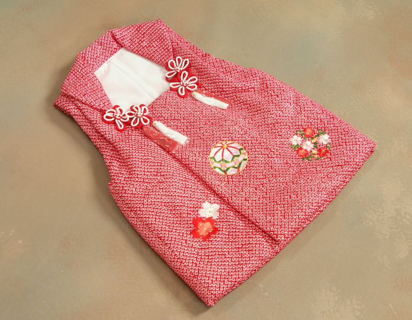 京美 七五三 被布 絹100％ 正絹 着物 3歳 赤色 まり 総鹿の子四ツ巻本