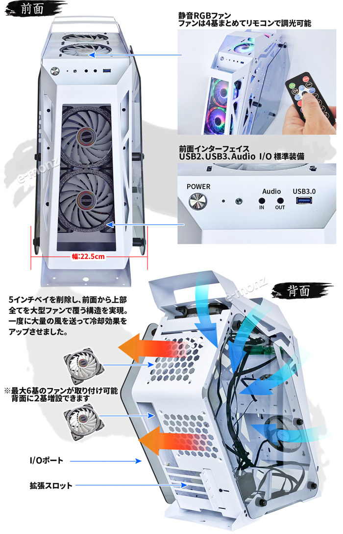 PCケース 【 白鷺城 】 白 RGBファン4基 水冷対応 ゲーミング MicroATX