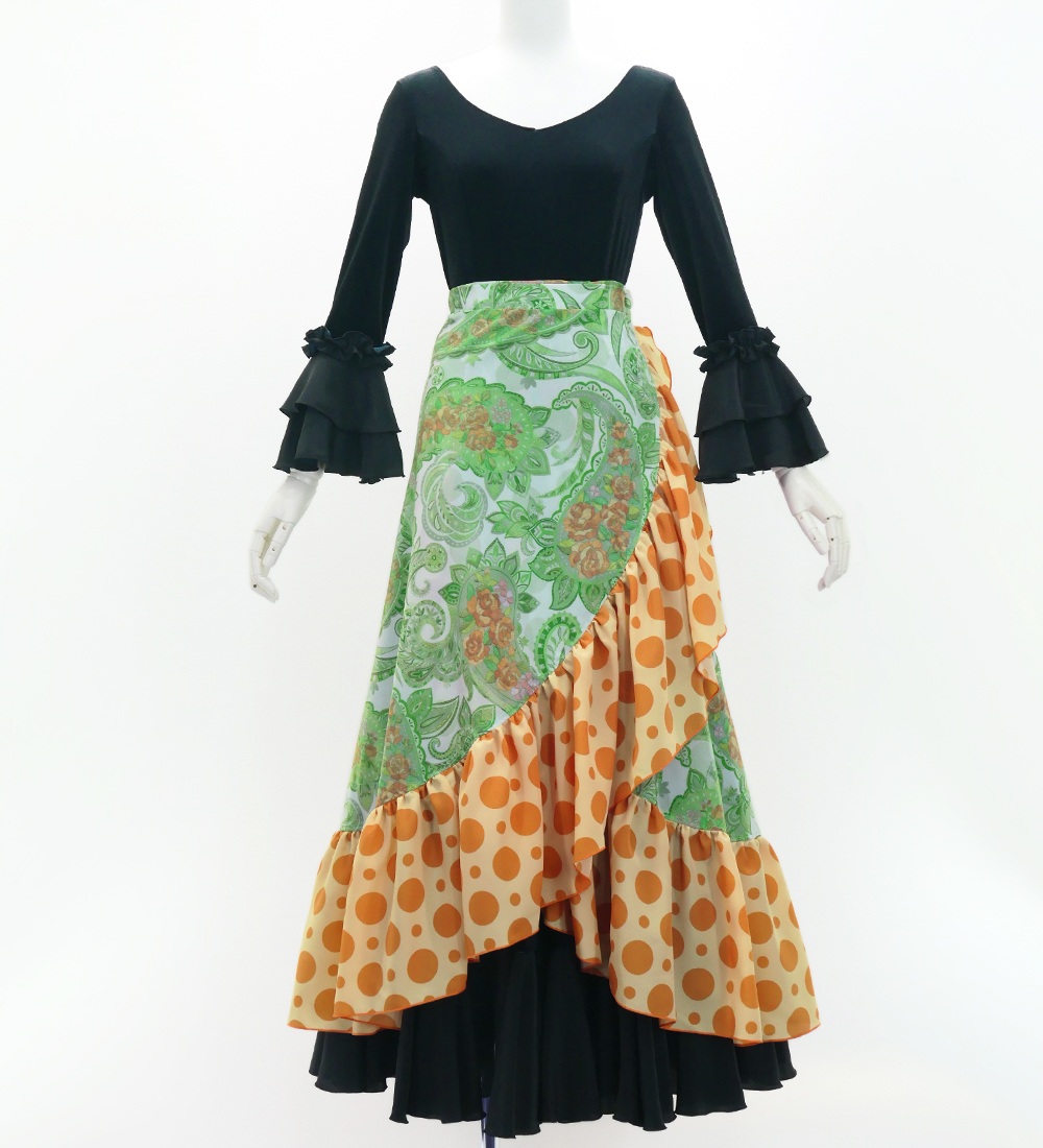 フラメンコ 巻きスカート ローズ×水玉 グリーン×オレンジ Fサイズ FMS