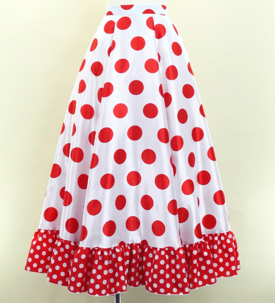 フラメンコ フリル ロングサーキュラースカート 水玉 ホワイト×レッド