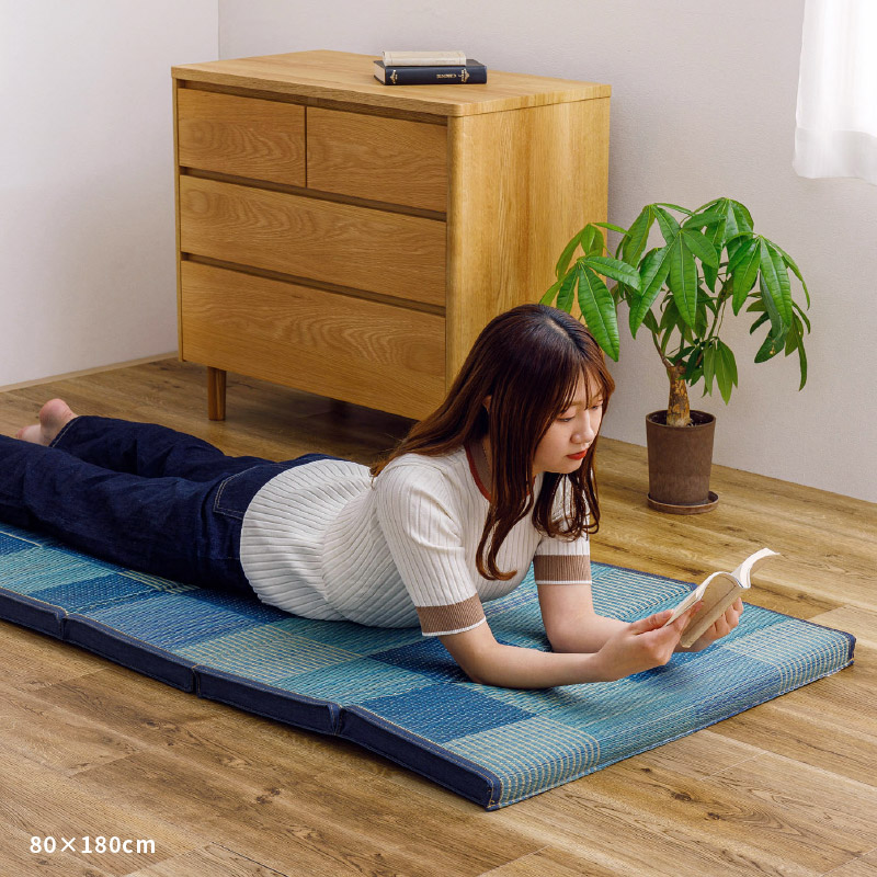 HAGiHARA（萩原） 6つ折りマットレス い草 デニムパッチ 約60×160×4cm