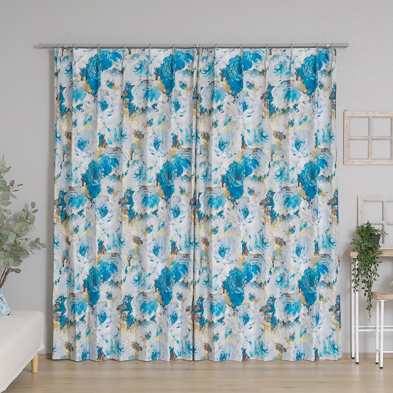 友安製作所 カーテン 花柄 華やか おしゃれ ホワイト ブルー オーダー