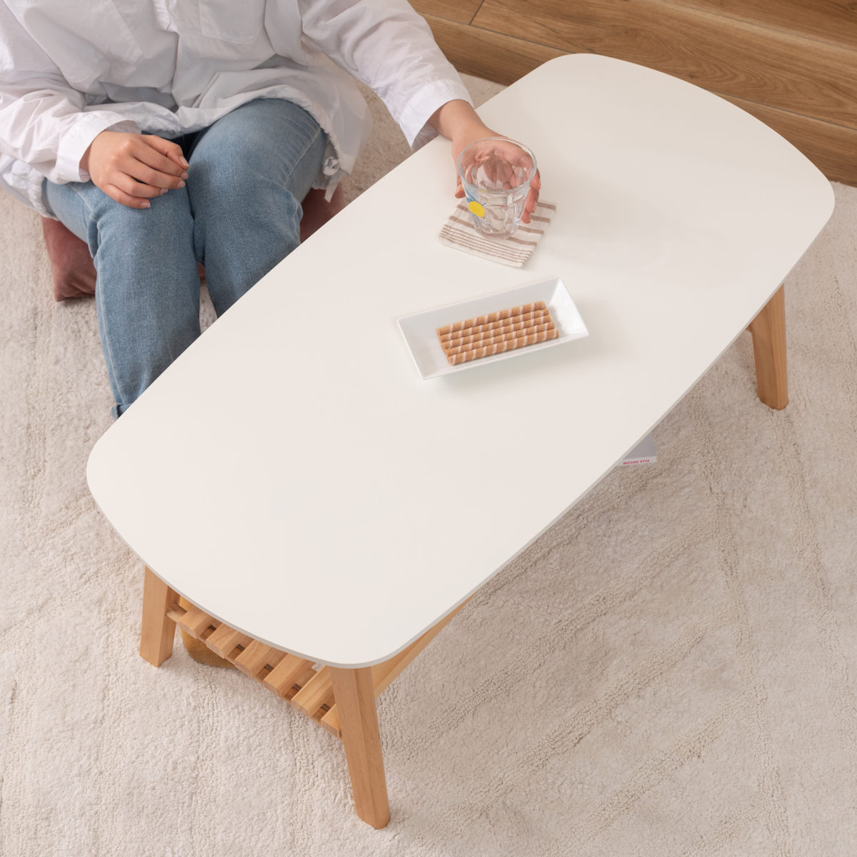 東谷 折りたたみ テーブル 幅90cm 棚付き 天然木 （ ローテーブル