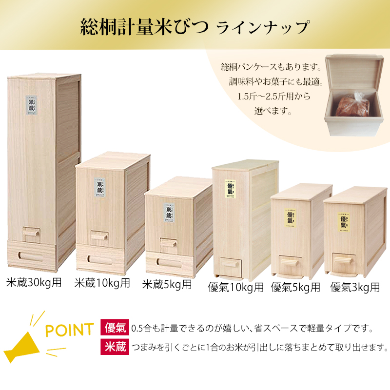 クーポンあり】米びつ 10kg用 米蔵 竹本木箱店 桐製 計量機能付き