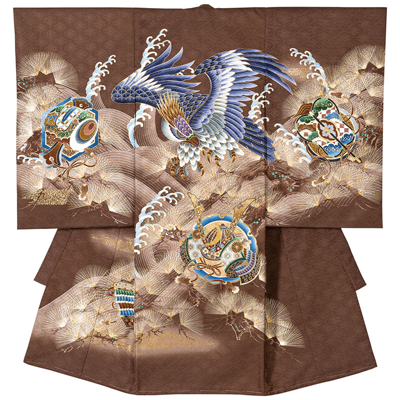 産着 お宮参り 着物 初着 男の子 鷹 兜 扇 束のし 向い鶴 松 龍 : 京の