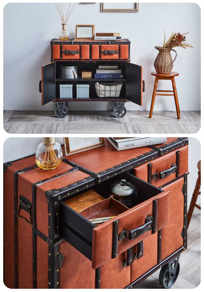 サイドキャビネット 幅80cm トランク風 鋲打ちデザイン リビングボード