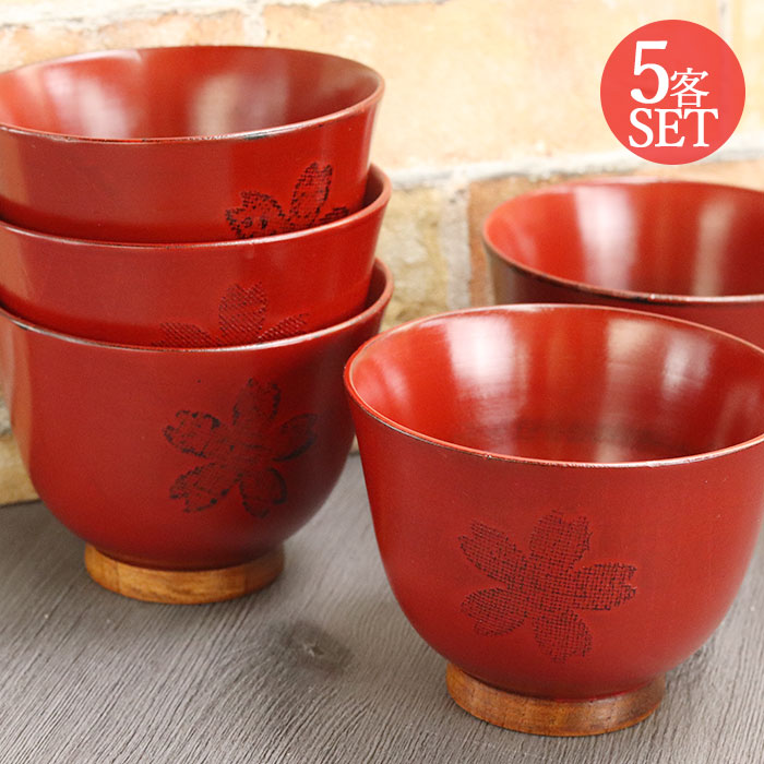 お椀 木製 汁椀 桜柄おかゆ椀 赤 5客セット : 曲げわっぱ弁当箱の漆器