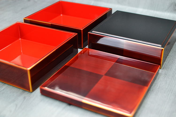 木製 3段 三段 重箱 越前漆器 日本製 国産 市松白檀 内朱 三段重 6寸 5