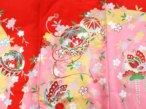 お宮参り 産着 女の子 赤 鞠 蝶 着物 長襦袢 セット 古典 七五三 3歳