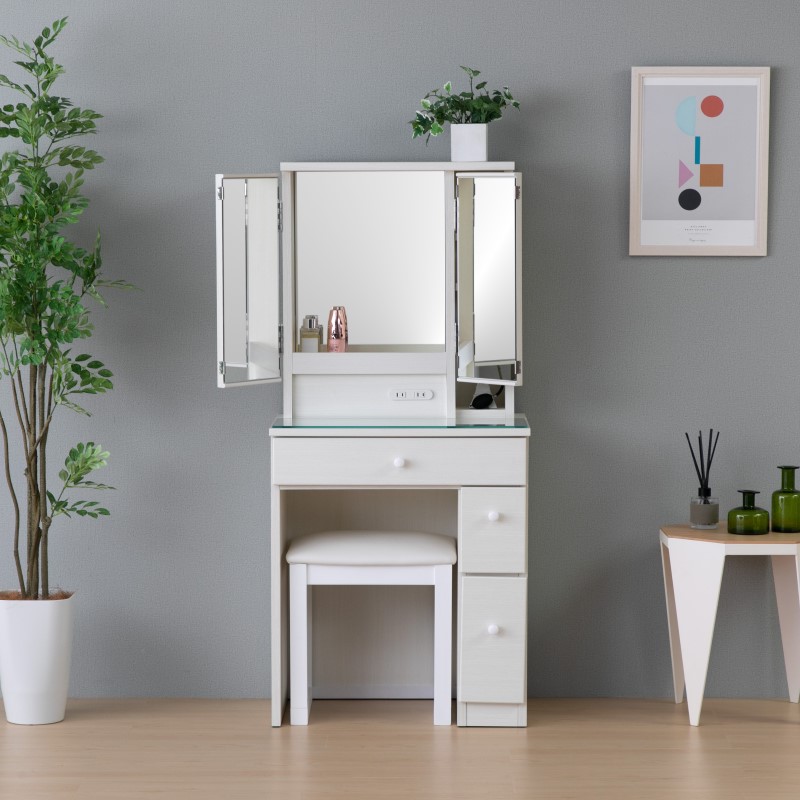 3面ドレッサー 幅60cm コンセント付き 鏡台 ミラー 木製ドレッサー