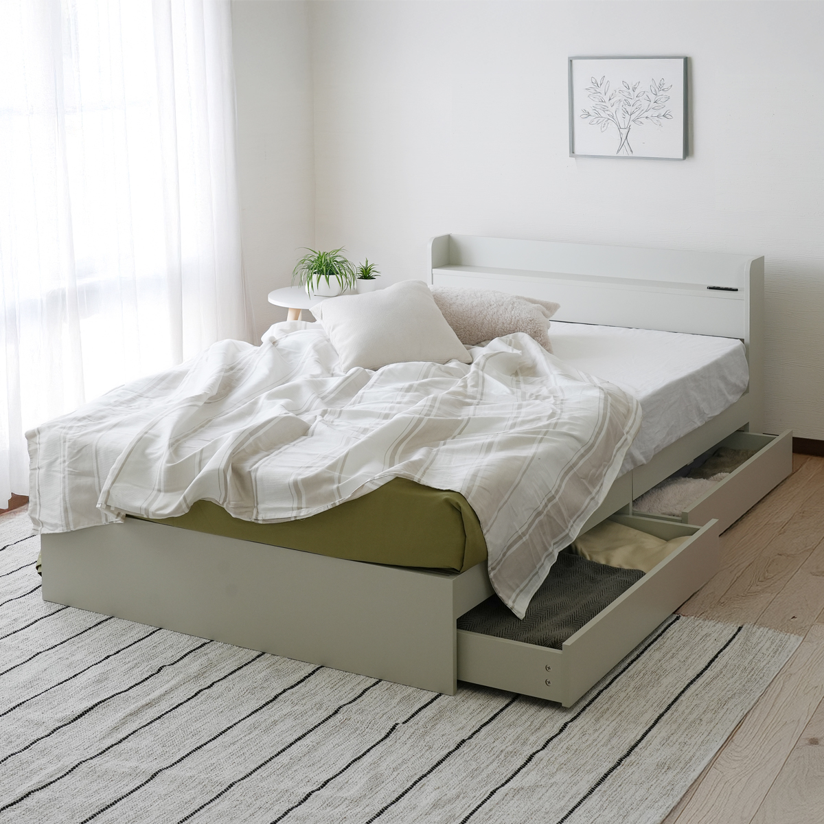 ベッドフレーム クイーンサイズ クイーンベッド 収納付き グレー