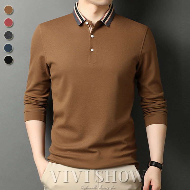 ポロシャツ メンズ 長袖 無地 ゴルフ カットソー トップス 襟付き ロゴ