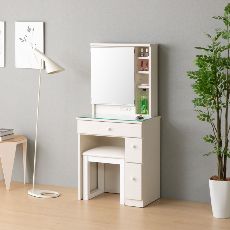 1面ドレッサー 幅60cm コンセント付き 鏡台 ミラー 木製ドレッサー