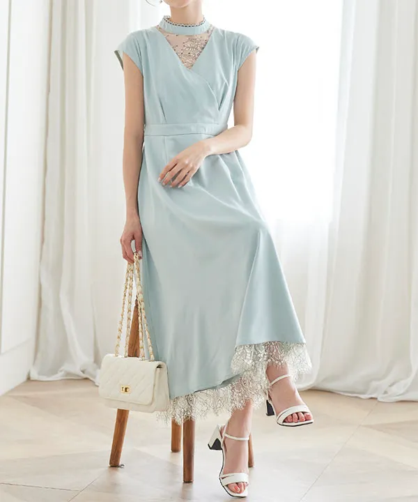 レースコンビサテンカシュクールワンピース [E2813] - レディース