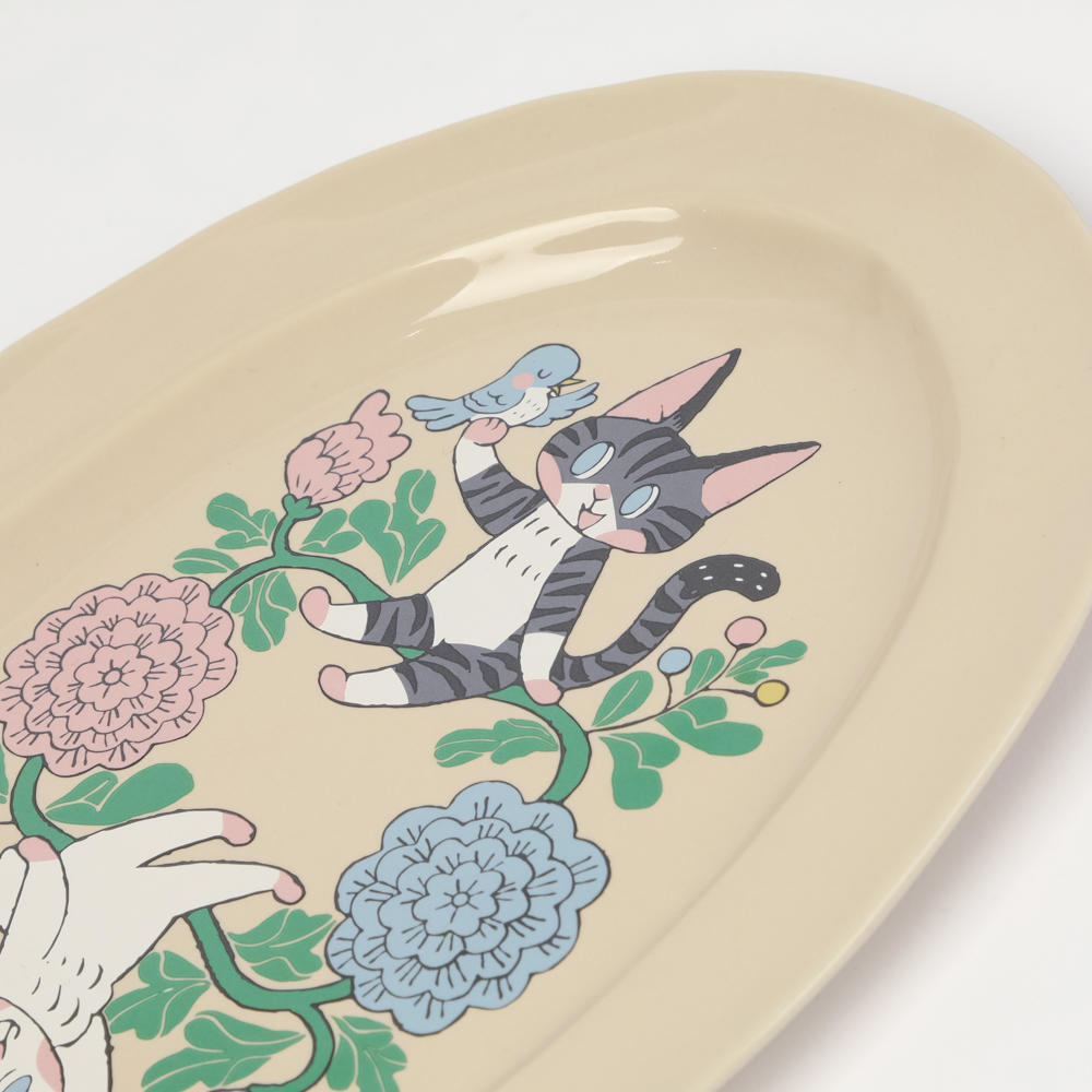 IP】清水桐子 オーバルプレート ねことうさぎの花模様 -の商品詳細