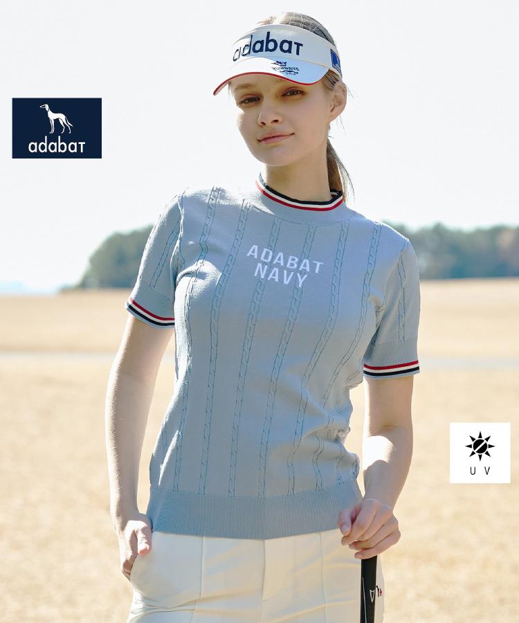 ADABAT NAVY】ケーブルストライプ半袖モックニット（ニット/セーター