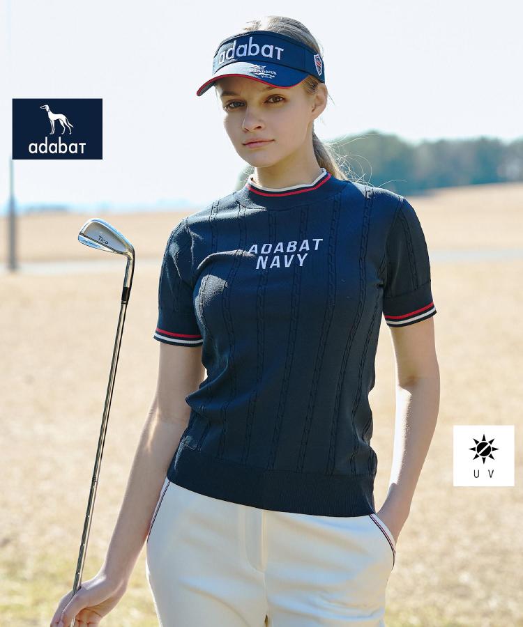 ADABAT NAVY】ケーブルストライプ半袖モックニット（ニット/セーター