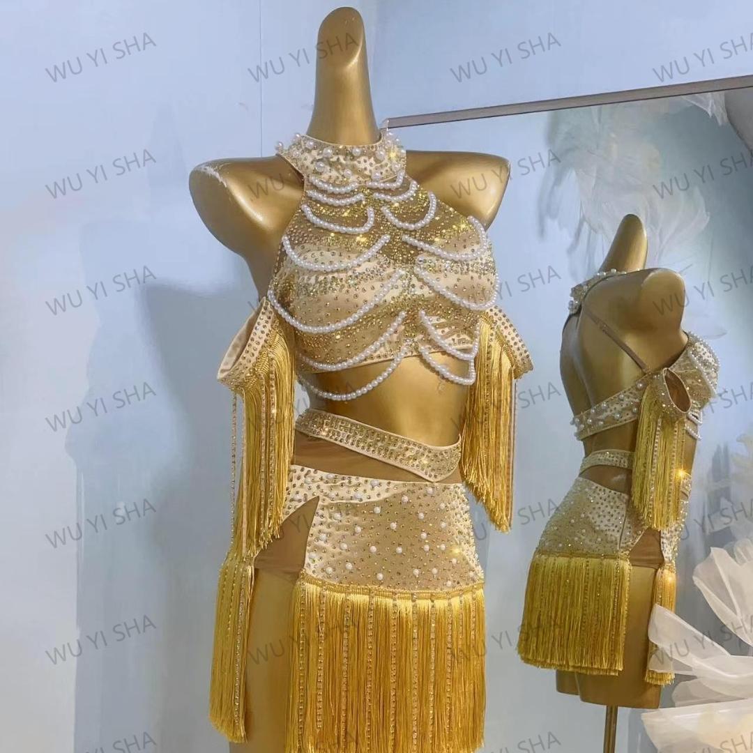 ゴールド フリンジ ビーズ 社交ダンスドレス ラテンダンス ドレス