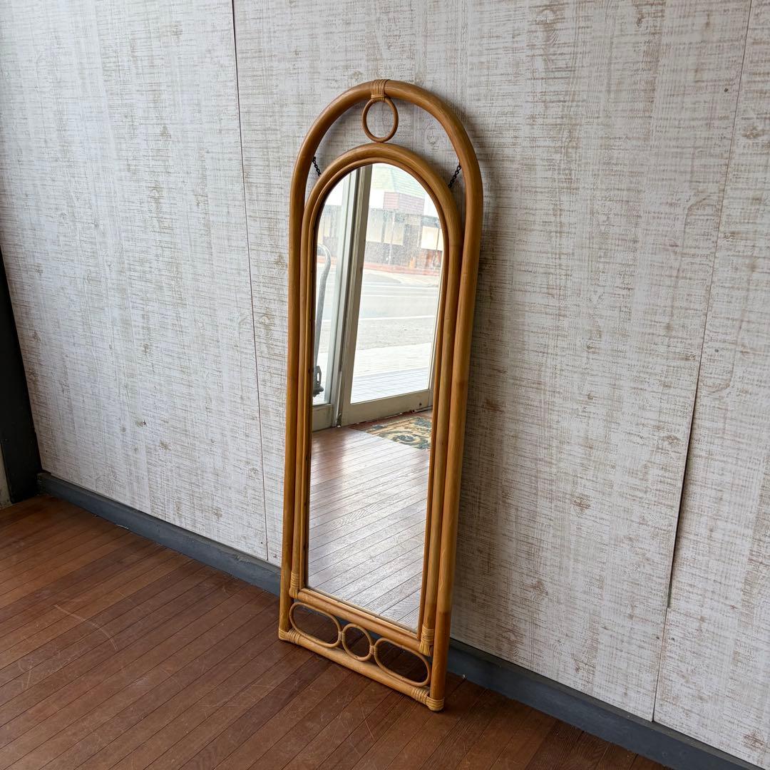 アンティーク】籐 ラタン 壁掛け鏡 スタンドミラー 姿見 籐家具 古民家