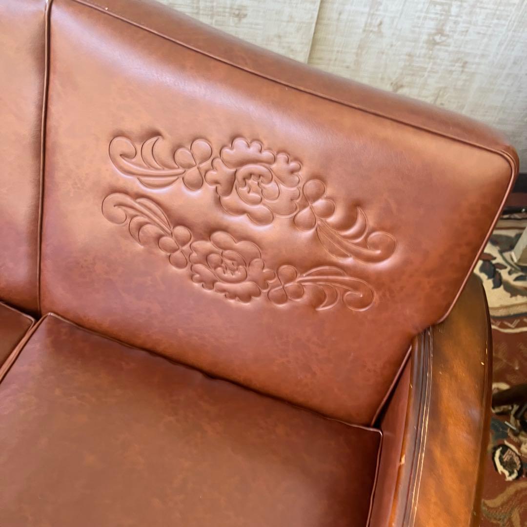 昭和レトロ オールドカリモク 古家具 三人掛けレザーソファー アーム