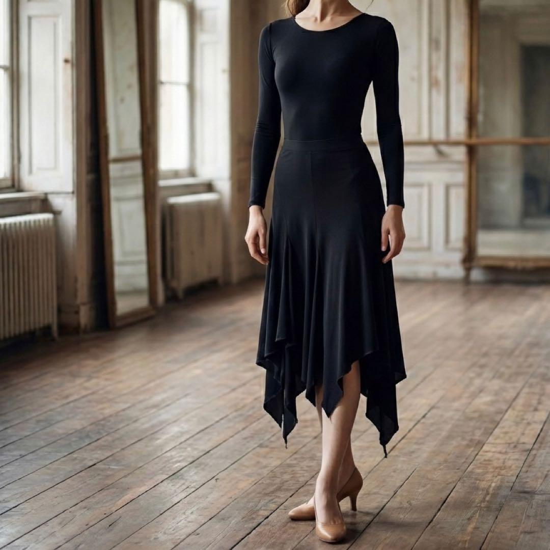 社交ダンス スカート 黒 アシンメトリー ラテン モダン 練習着 衣装